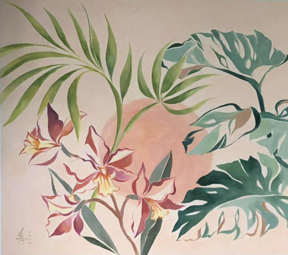 Lucy's botanical painting of tropical leaves and flowers