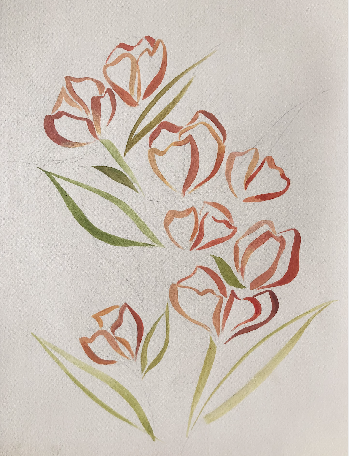 Watercolour of warm pink flowers and green leaves