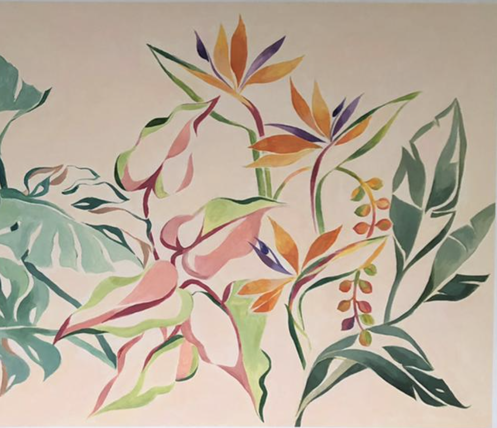 Colourful botanical painting with tropical leaves and flowers