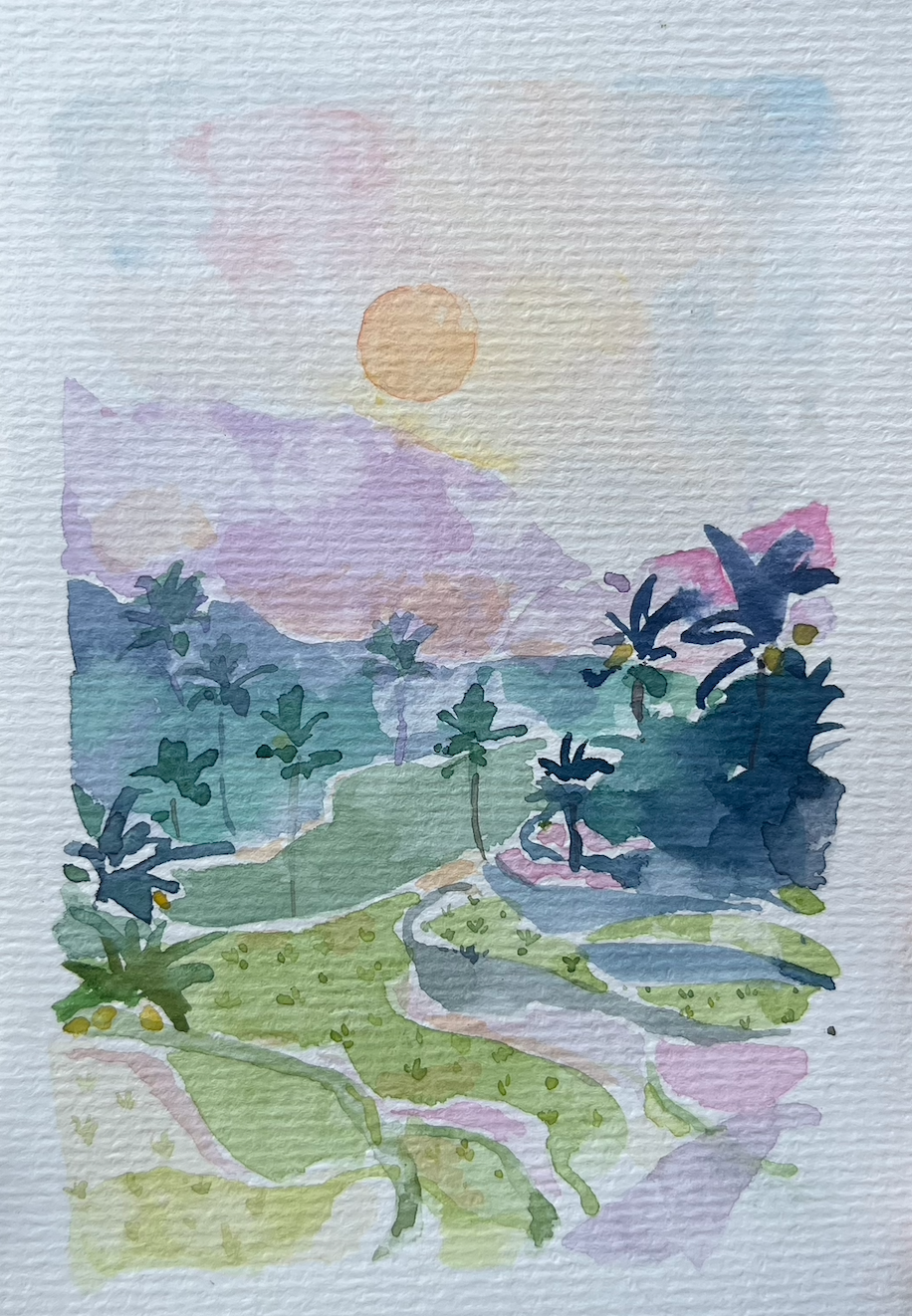 Watercolour landscape with palms, hills and a soft sun